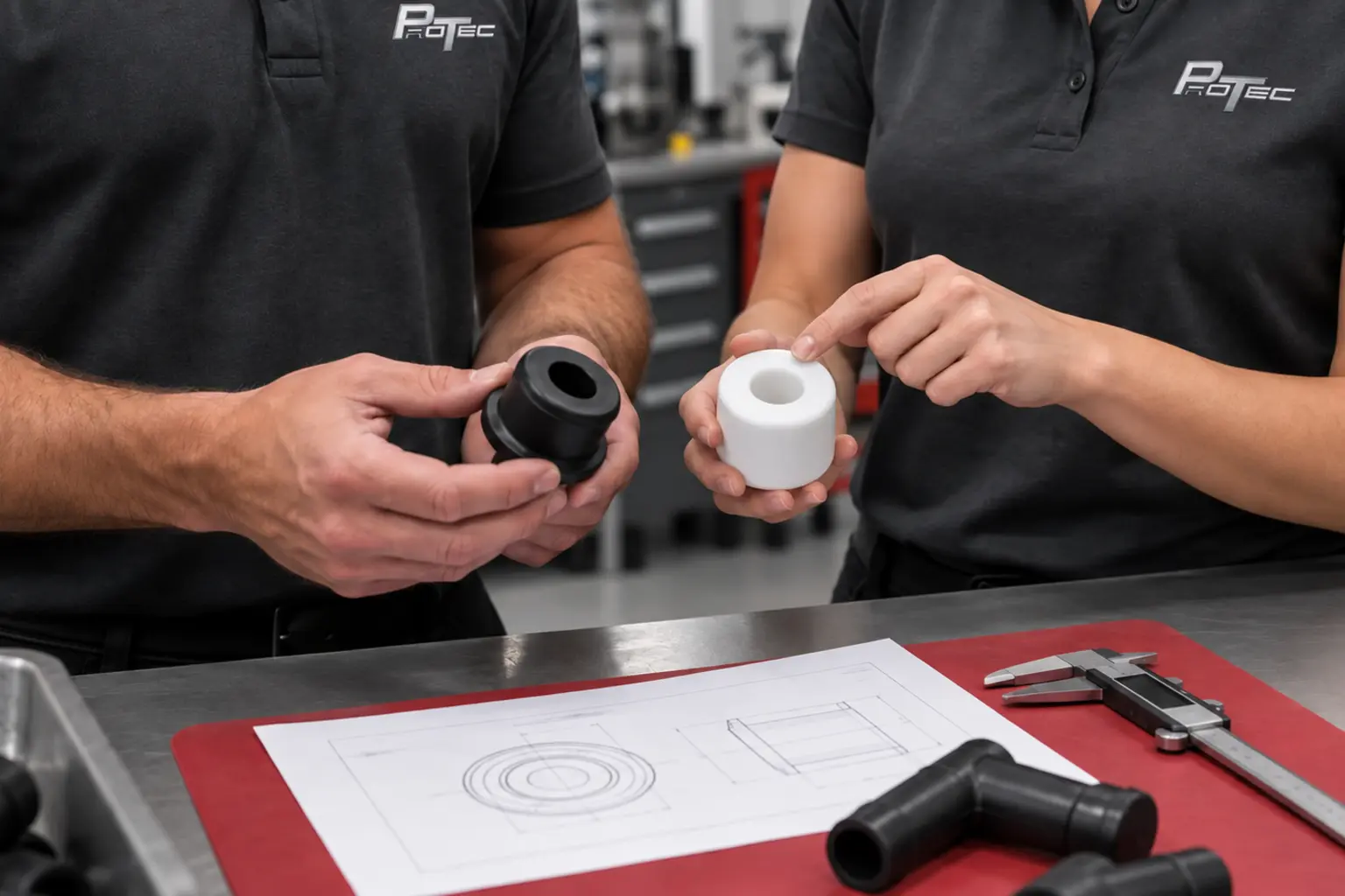 ProTec development technicians reviewing physical prototypes and a component drawing