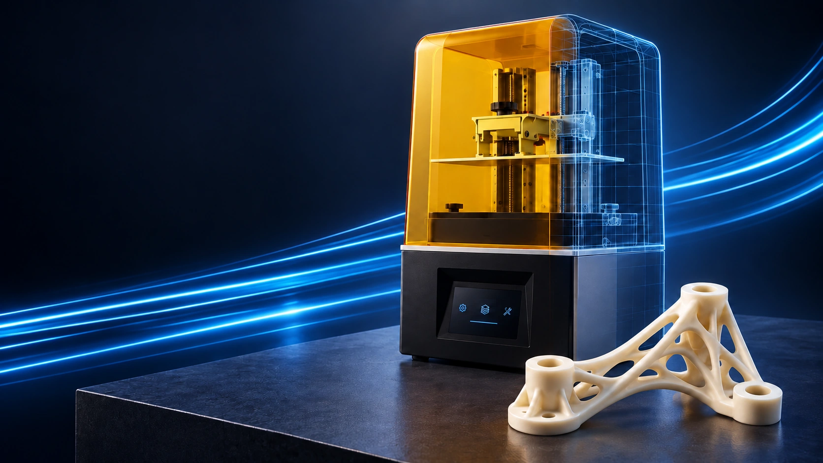 3D printer transitioning into a technical schematic beside a sculpted resin prototype, with blue light trails