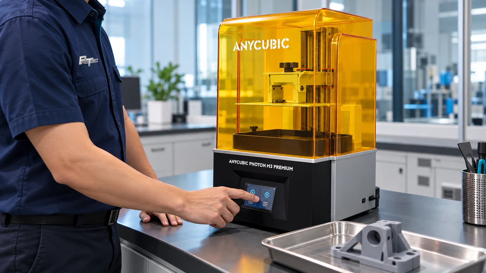 Reimagined view of a ProTec technician operating the reference resin printer