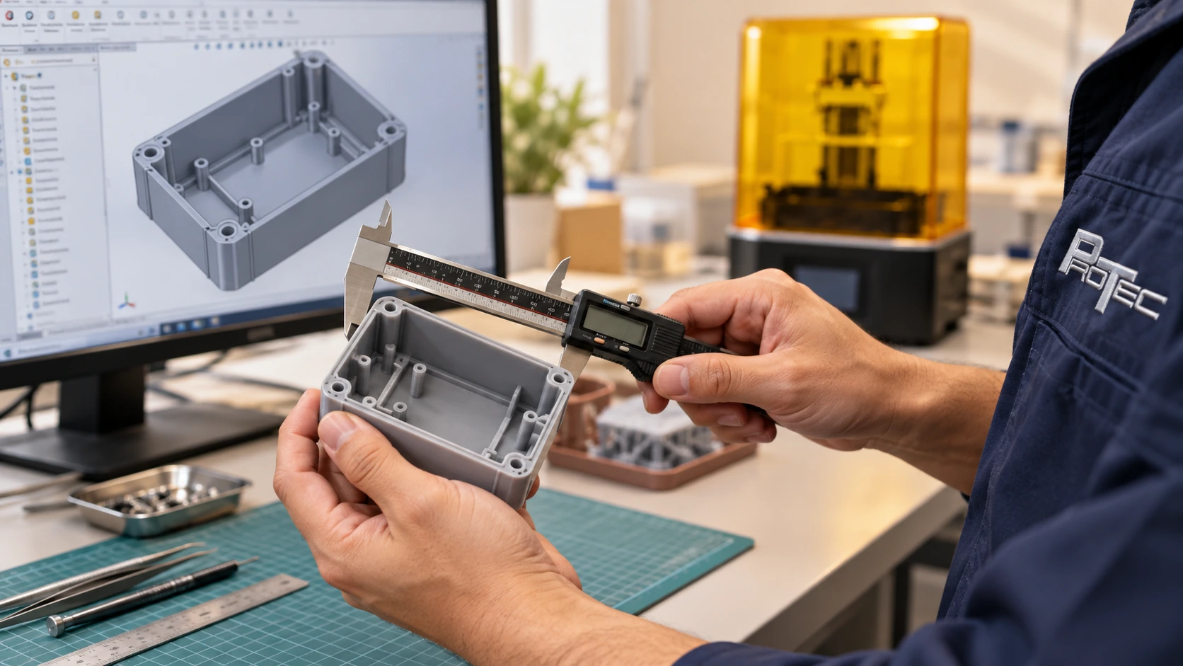 Reimagined prototype review with calipers and a CAD model